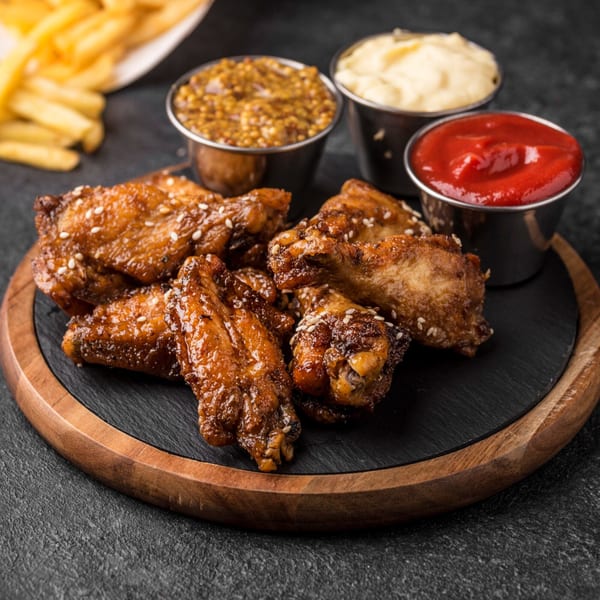 Halal chicken wings with sesame seeds, served with ketchup, mustard, and mayonnaise on a wooden board.