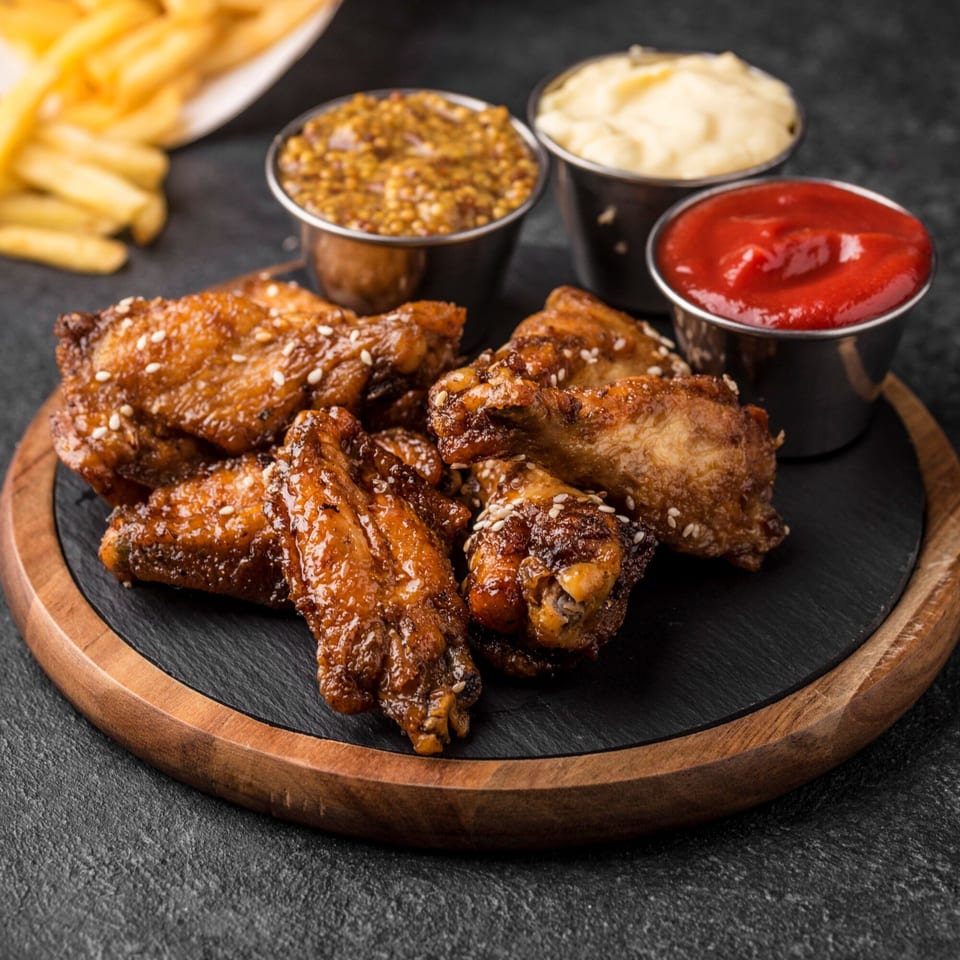 Halal chicken wings with sesame seeds, served with ketchup, mustard, and mayonnaise on a wooden board.