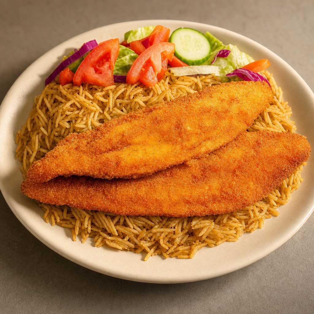 Freshly Breaded Fried Fish Over Rice With Fresh Salad And Choice Of Swai Or Tilapia.