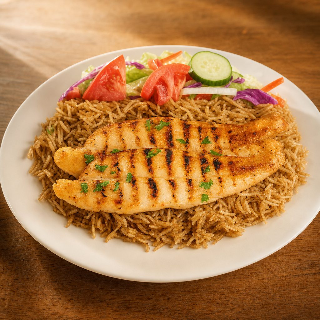 Grilled Fish Over Rice And Salad With The Fish Option Of Swai Or Tillapia.