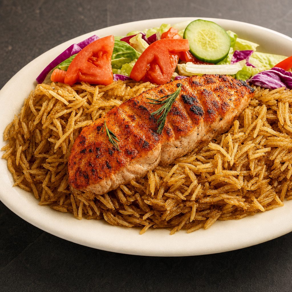 Grilled Salmon Fish Over Rice Salad And Sauces.
